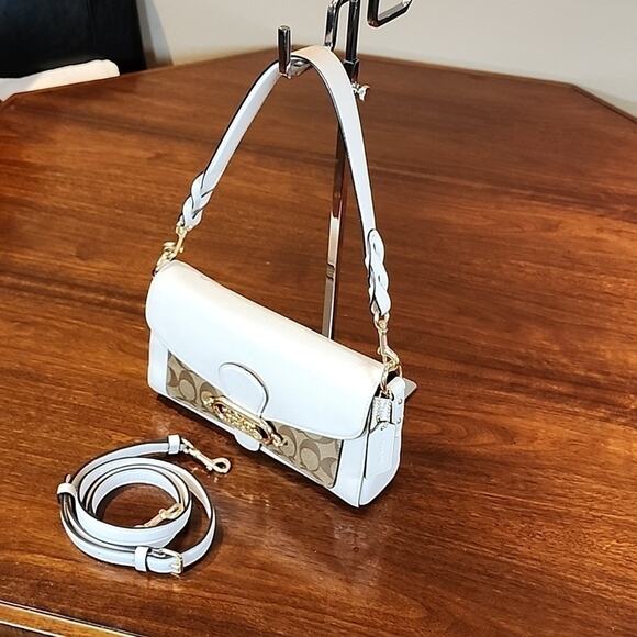 Coach Signature Canvas & White Leather Shoulder Bag – Gold Hardware.  Luxury - Picture 8 of 14